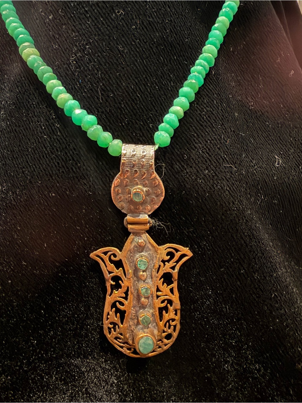 Green Emerald Beaded Necklace and Earrings with Ornate Gold Pendant - Brand